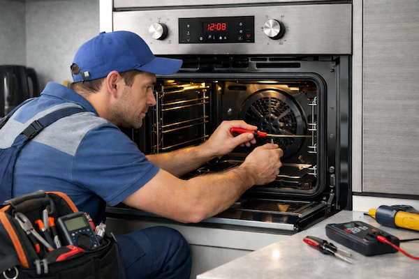 Professional technician repairing modern oven